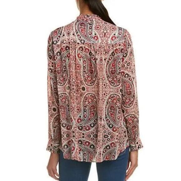 Alice & Olivia Blouse Medium Sheer Red Paisley Floral Tie Neck Preppy Modest - Picture 2 of 9